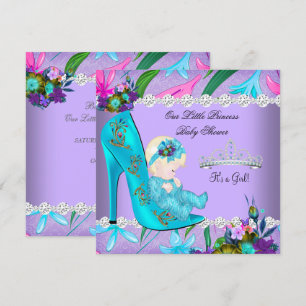 Invitación Ducha de Bebé Niña Zapatos Florales Turquesa Morad