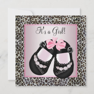 Invitación Ducha de Bebé Niña Zapatos Negros Rosa Leopardo Ro