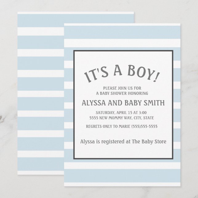 Invitación Ducha de bebé niño a rayas azul bebé y blanco (Anverso / Reverso)