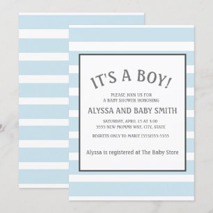 Invitación Ducha de bebé niño a rayas azul bebé y blanco