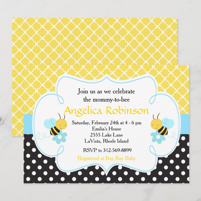 Invitación Ducha de bebé niño abeja amarilla y negra (Anverso / Reverso)