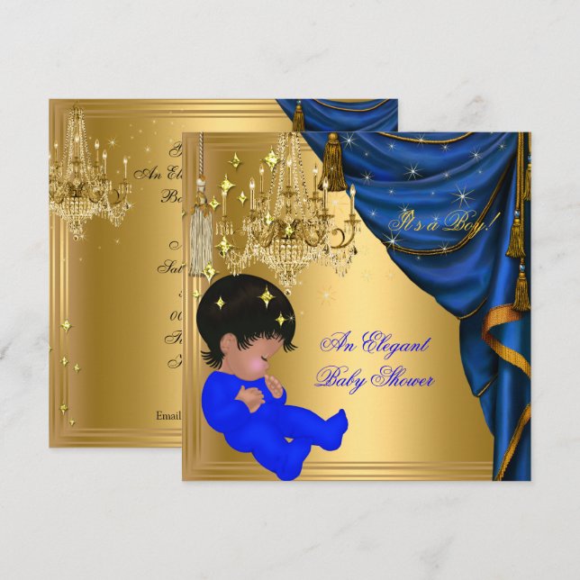 Invitación Ducha de bebé niño afroamericano azul oro (Anverso / Reverso)