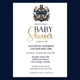 Invitación Ducha de Bebé Niño Ancla Náutica Oro Azul