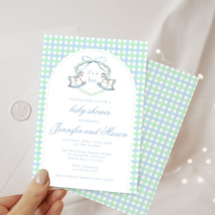 Invitación Ducha de bebé niño arco boho caballo de madera azu