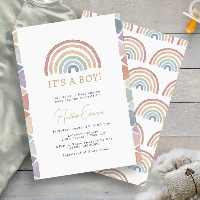 Invitación Ducha de bebé Niño Arcoíris (Colorful Boho Rainbow Boy Baby Shower Invitation by Painted Paperie
)