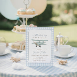 Invitación Ducha de bebé niño aviador azul a cuadros