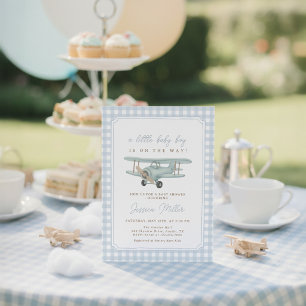 Invitación Ducha de bebé niño aviador azul a cuadros