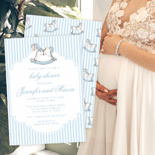 Invitación Ducha de bebé niño azul adorable con caballo de ma