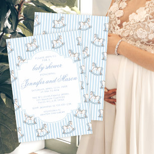 Invitación Ducha de bebé niño azul adorable con caballo de ma