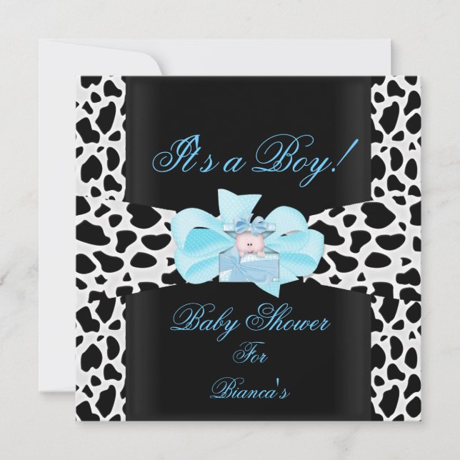 Invitación Ducha de Bebé Niño Azul Bebé Negro Blanco Estampad (Anverso)