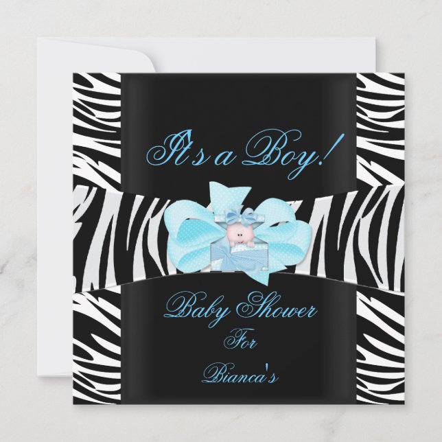 Invitación Ducha de bebé niño azul bebé negro y blanco estamp (Anverso)