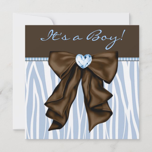 Invitación Ducha de bebé niño azul cebra marrón bebé (Anverso)