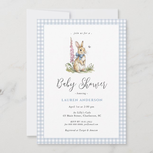 Invitación Ducha de bebé niño azul conejito lindo  (Anverso)