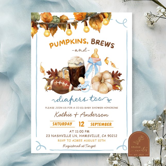 Invitación Ducha de bebé niño azul de calabazas boho de otoño (Subido por el creador)