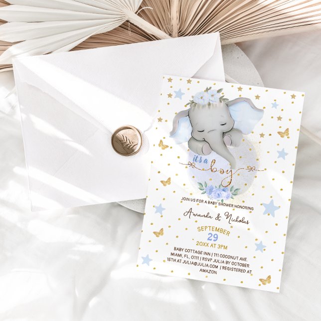 Invitación Ducha de bebé niño azul elefante lindo (Subido por el creador)