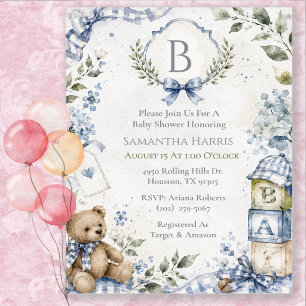 Invitación Ducha de bebé Niño Azul Monograma