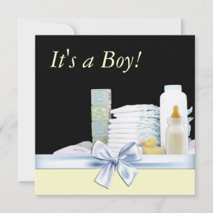 Invitación Ducha de bebé niño azul negro amarillo