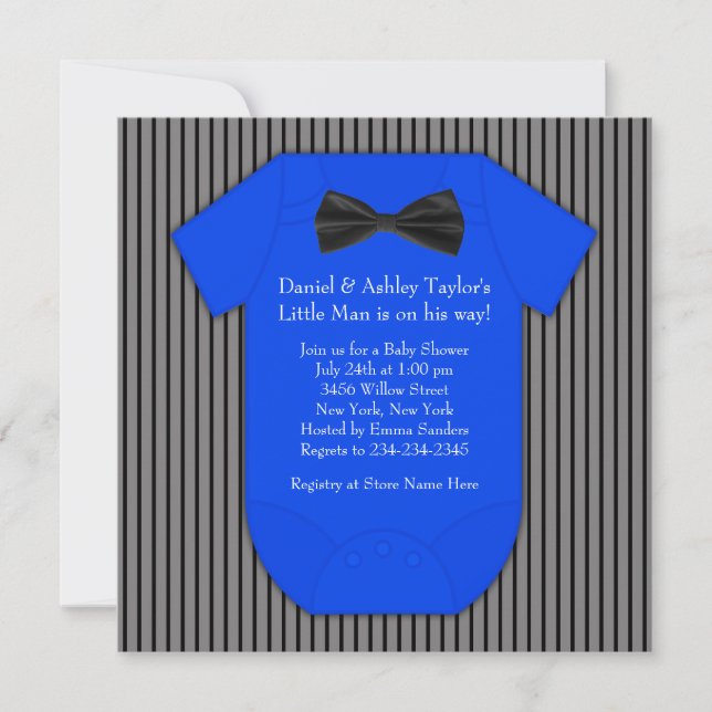 Invitación Ducha de bebé niño azul negro con raya fina (Anverso)