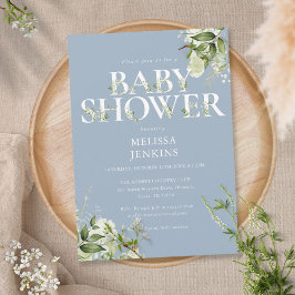 Invitación Ducha de bebé niño azul polvoriento follaje verde 