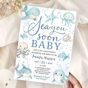 Invitación Ducha de Bebé Niño Azul Polvoriento Océano Te Veré