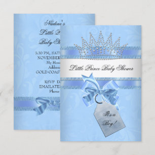 Invitación Ducha de Bebé Niño Azul Principe Corona Damask
