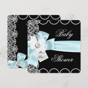 Invitación Ducha de Bebe Niño Azul Teal Negro Blanco Encaje