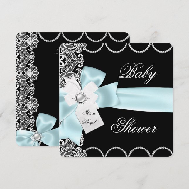 Invitación Ducha de Bebe Niño Azul Turquesa Negro Blanco Enca (Anverso / Reverso)