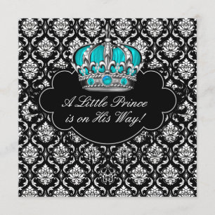 Invitación Ducha de bebé niño azul turquesa negro damasco prí