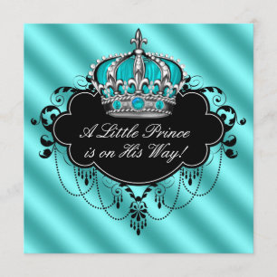 Invitación Ducha de bebé niño azul turquesa negro damasco prí