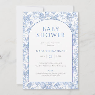 Invitación Ducha de bebé niño azul vintage Toile De Jouy