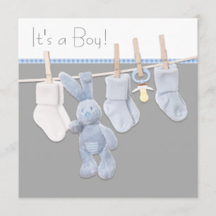 Invitación Ducha de bebé niño azul y gris de cuerda para tend