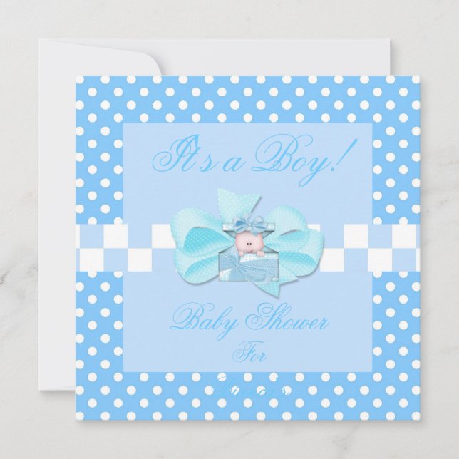 Invitación Ducha de Bebe Niño Bebe Azul Blanco Lunares Cuadro (Anverso)