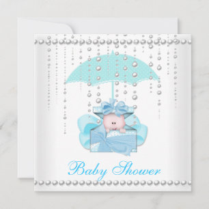 Invitación Ducha de Bebé Niño Bebé Azul Paraguas Perla Blanco