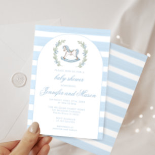 Invitación Ducha de bebé niño bohemio caballo de madera azul 