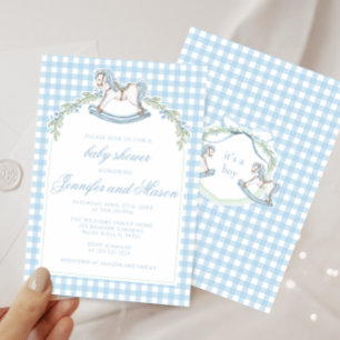 Invitación Ducha de bebé niño boho caballo de madera azul a c