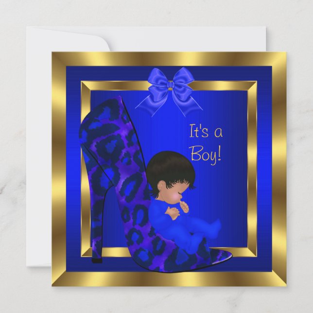 Invitación Ducha de bebé Niño Bonito Zapato Azul Real Leopard (Anverso)