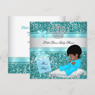 Invitación Ducha de bebe Niño Brillo Turquesa Corona de Princ