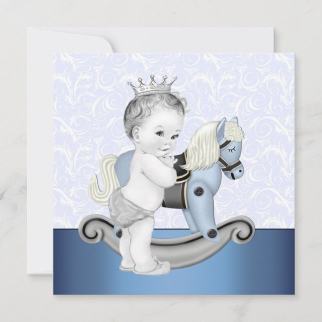 Invitación Ducha de bebé niño caballo de madera azul (Anverso)