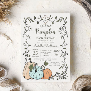 Invitación Ducha de bebé Niño Calabaza Naranja Azul Vintage