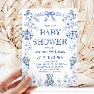 Invitación Ducha de bebé niño Calabaza Oso Azul Toile