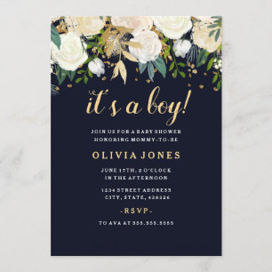 Invitación Ducha de bebé niño con brillo floral de la marina