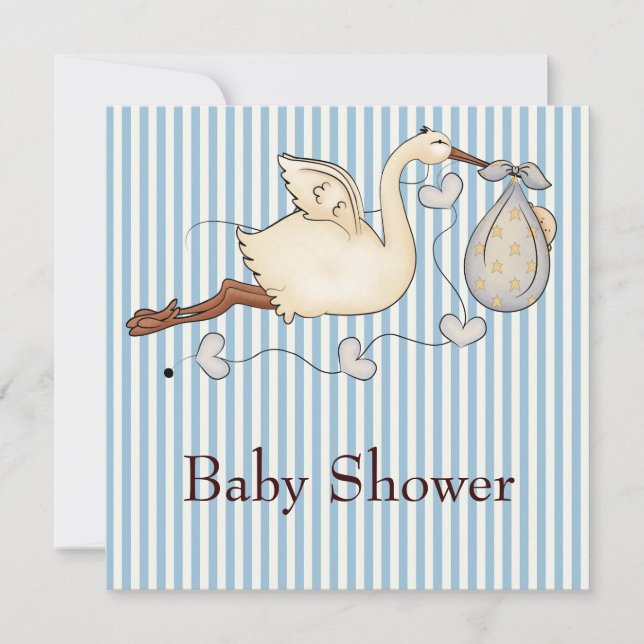 Invitación Ducha de bebé niño con cigüeña de franja azul (Anverso)