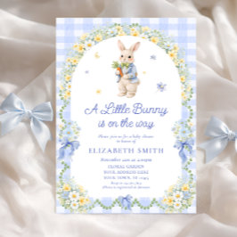 Invitación Ducha de bebé niño con conejo floral a cuadros ele
