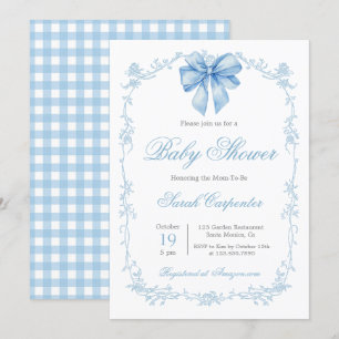 Invitación Ducha de bebé niño con cuadros azules y lazo