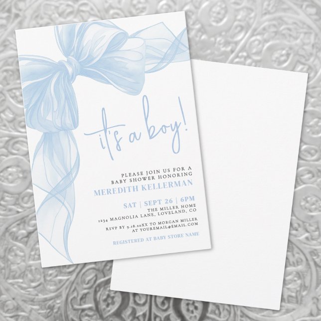 Invitación Ducha de Bebé Niño con Lazo Azul (Blue Bow Boy Baby Shower Invitation)