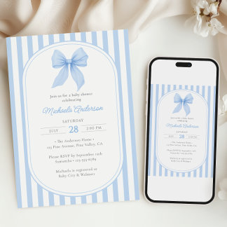 Invitación Ducha de Bebé Niño con Lazo Azul Coqueto a Rayas