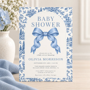 Invitación Ducha de Bebe Niño con Lazo Azul Toile Francés