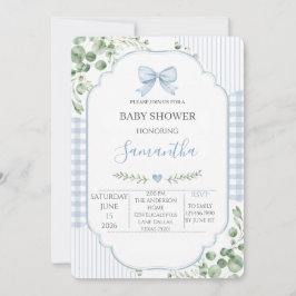 Invitación Ducha de bebé niño con lazo azul y cuadros gingham