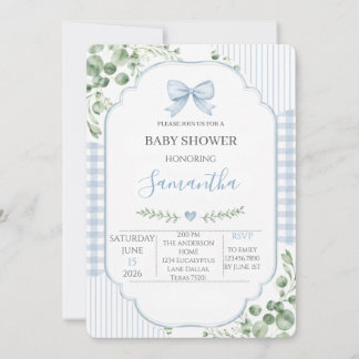 Invitación Ducha de bebé niño con lazo azul y cuadros gingham