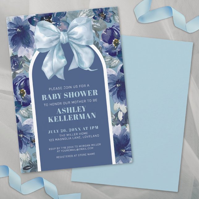 Invitación Ducha de Bebé Niño con Lazo Floral Azul (Blue Floral Boy Baby Shower Invitation)